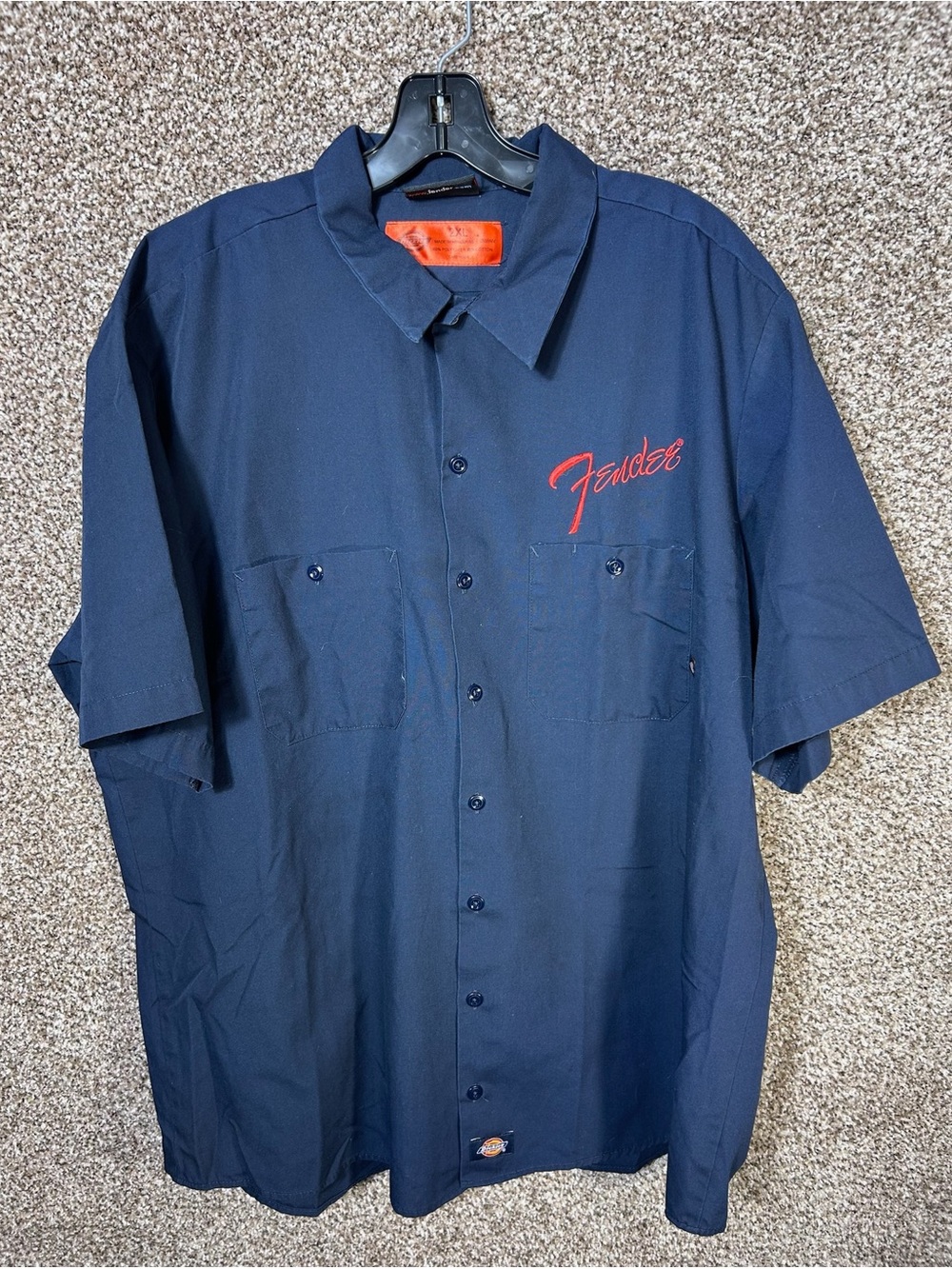 Dickies Navy Short-Sleeve Button-Down Work Shirt with Red Embroidery